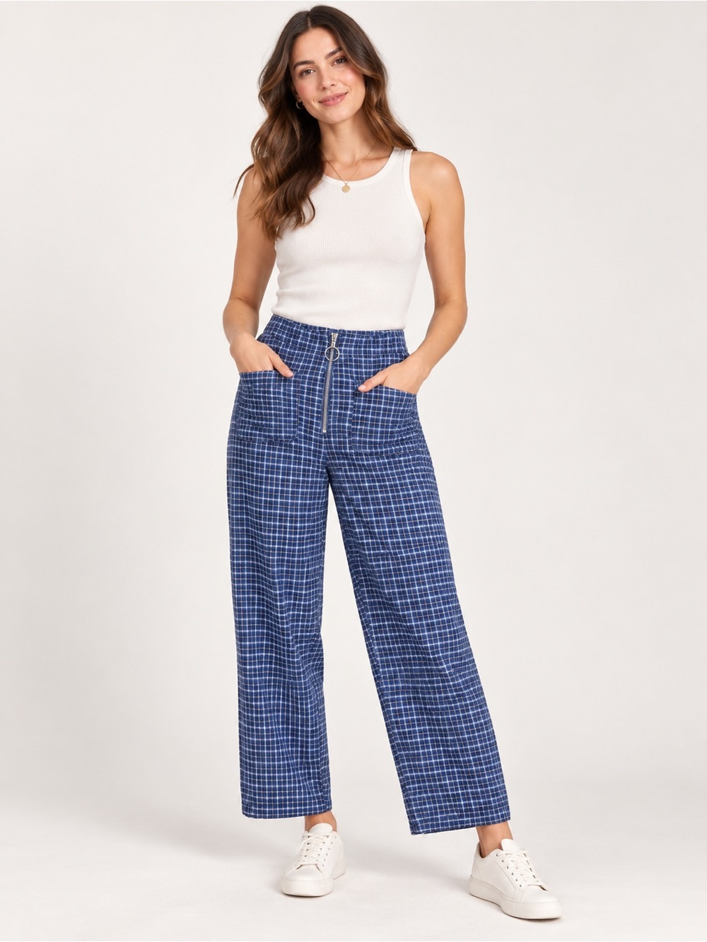 ASOS Blue Plaid Check High-Waisted Wide-Leg Pants Women’s US 8 Ring Zip Pockets